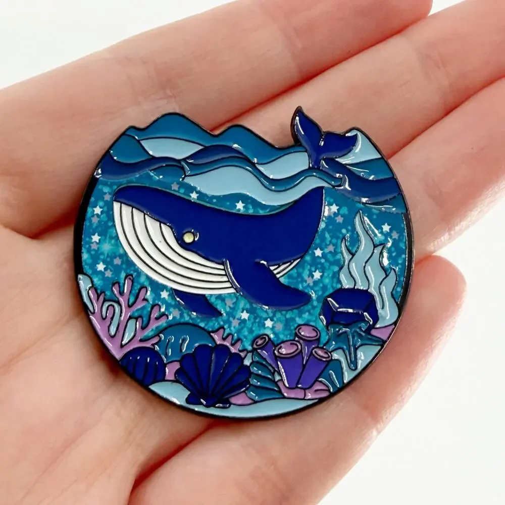 Large Whale in Ocean Scene Metal Soft Enamel Pin